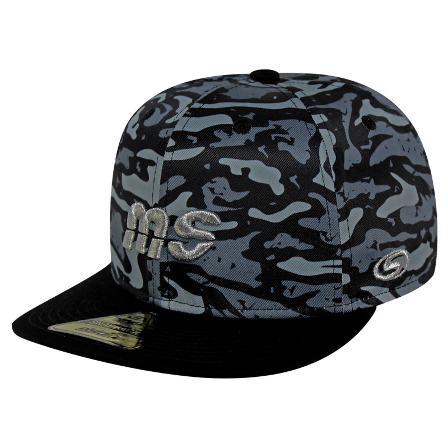 Gorra Banda MS - Snapback Camo Negro Logo Plata